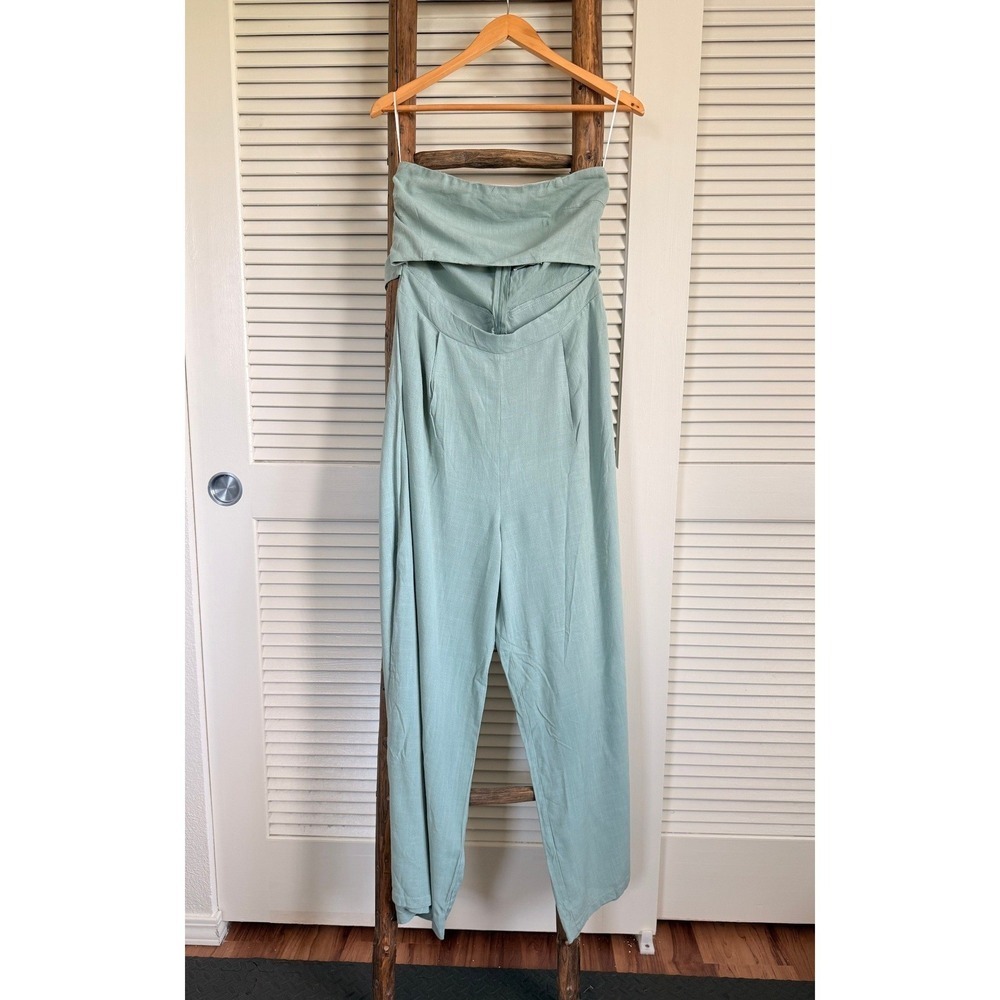 Hello Molly Jumpsuit Womens 10 Sage Green  Cutout Strapless Tie Back Olive NWT